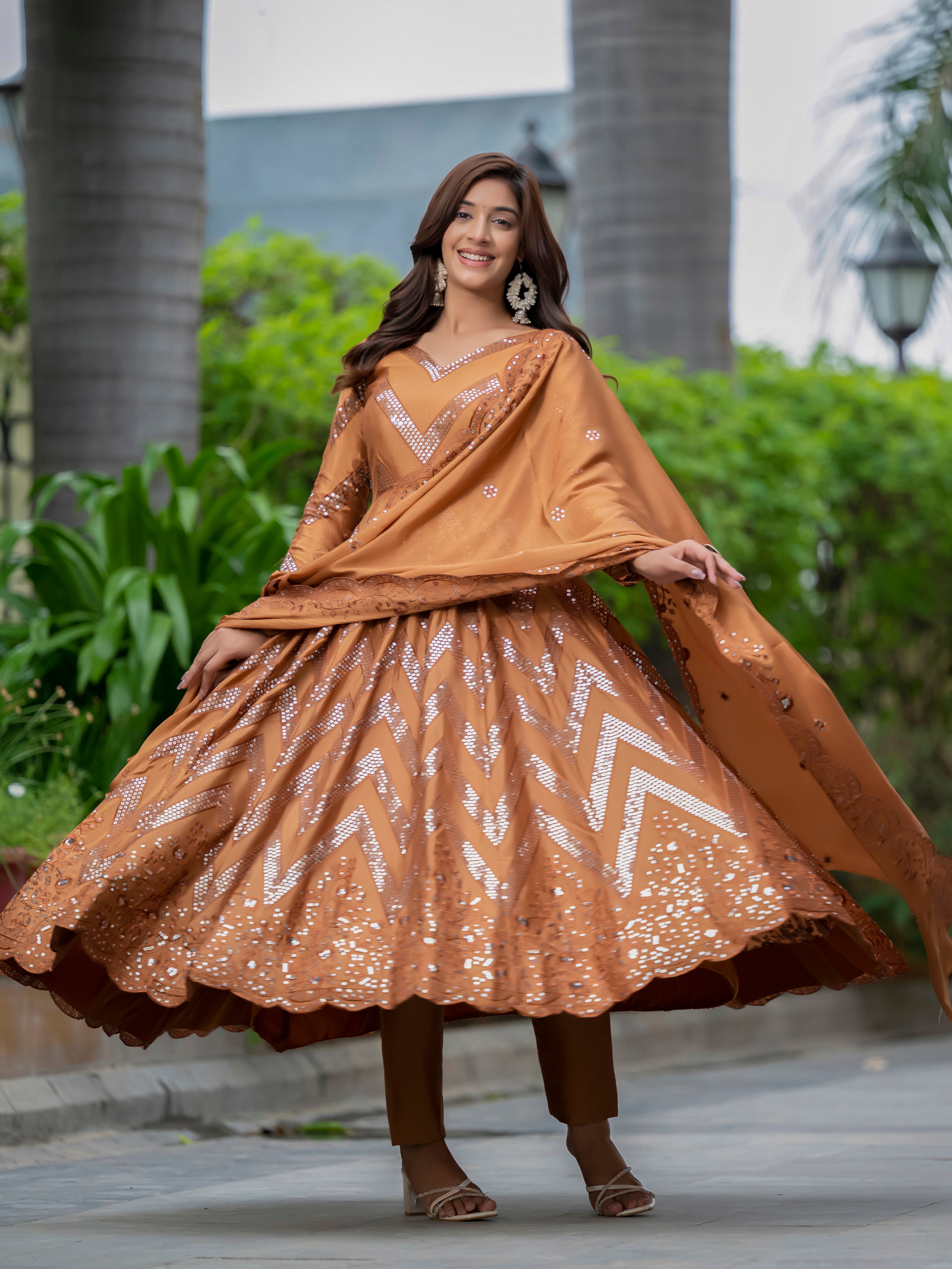 Brown Color heavy embroidered  sequins work Anarkali set