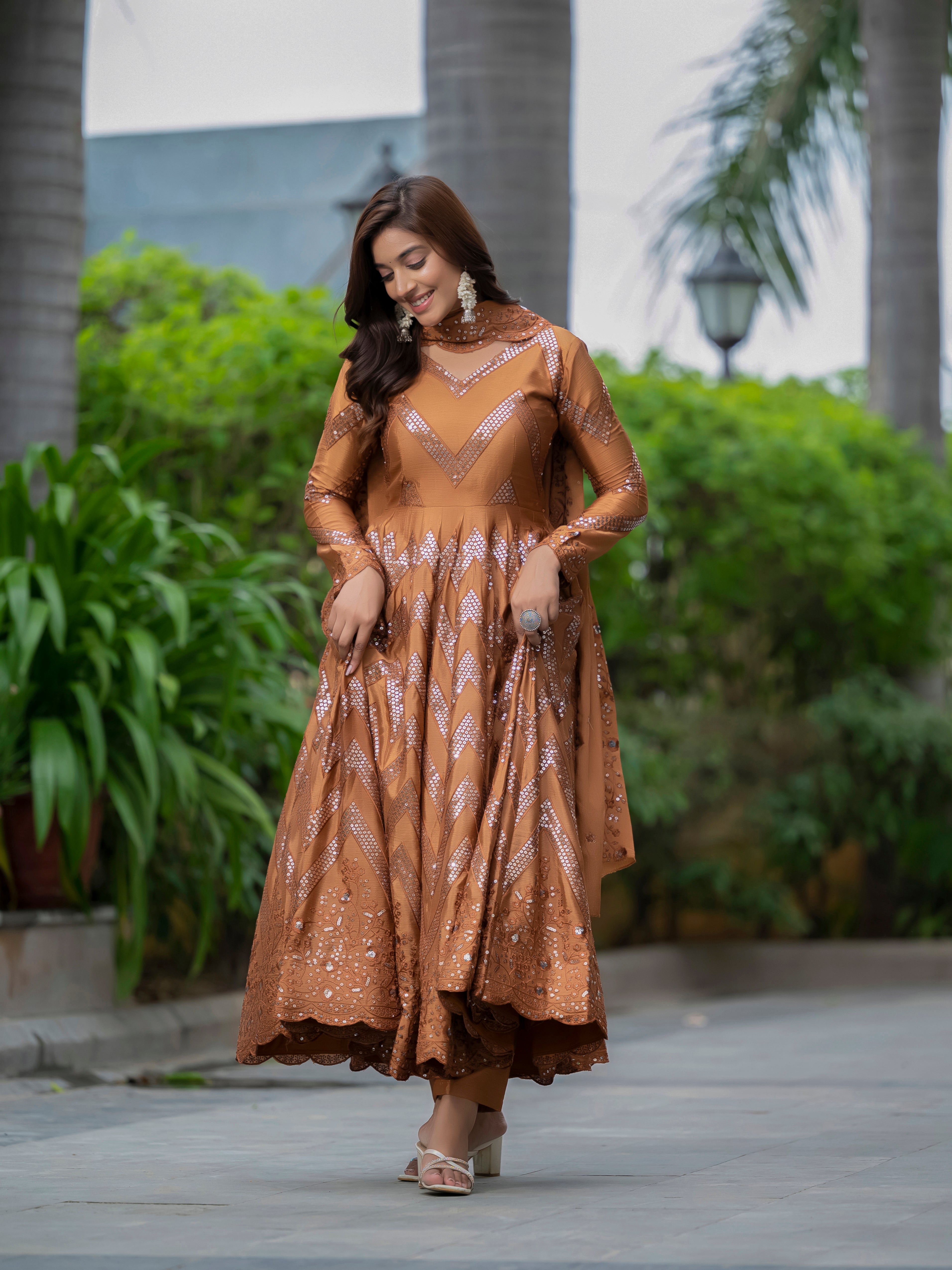 Brown Color heavy embroidered  sequins work Anarkali set