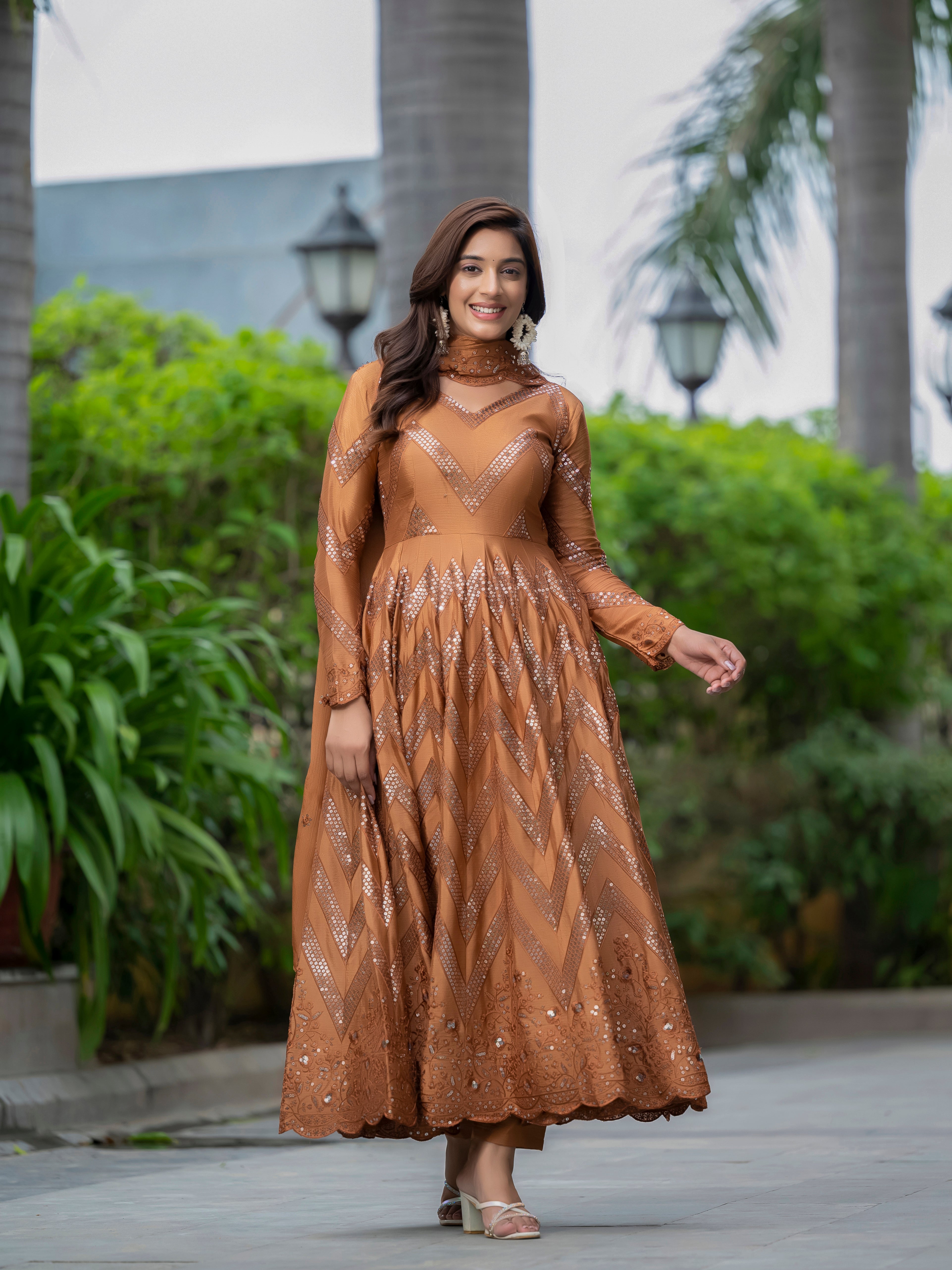 Brown Color heavy embroidered  sequins work Anarkali set