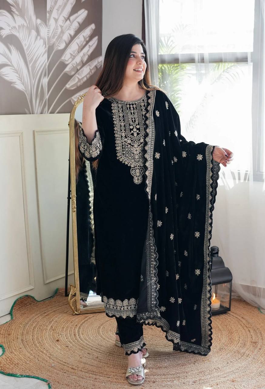 Majestic Black Embroidered Velvet Suit