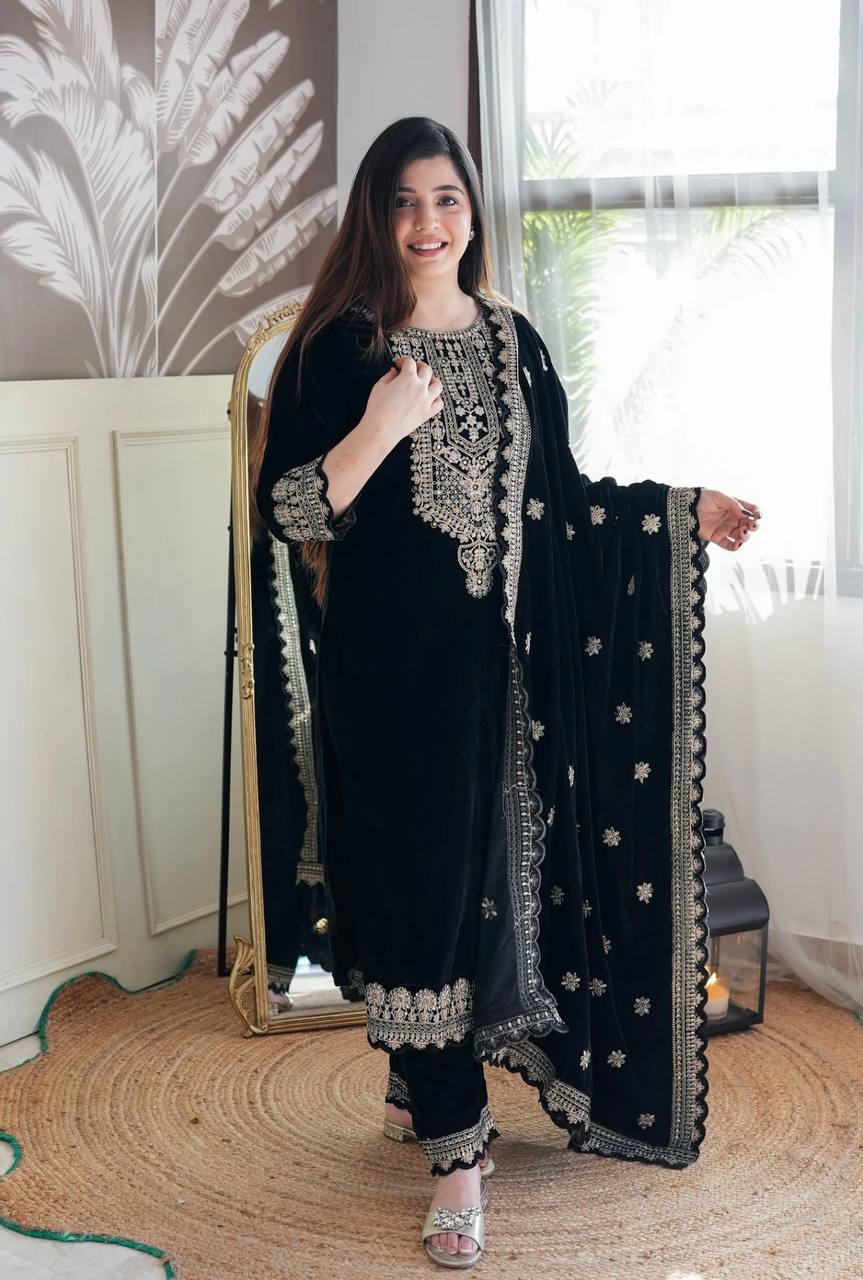 Majestic Black Embroidered Velvet Suit