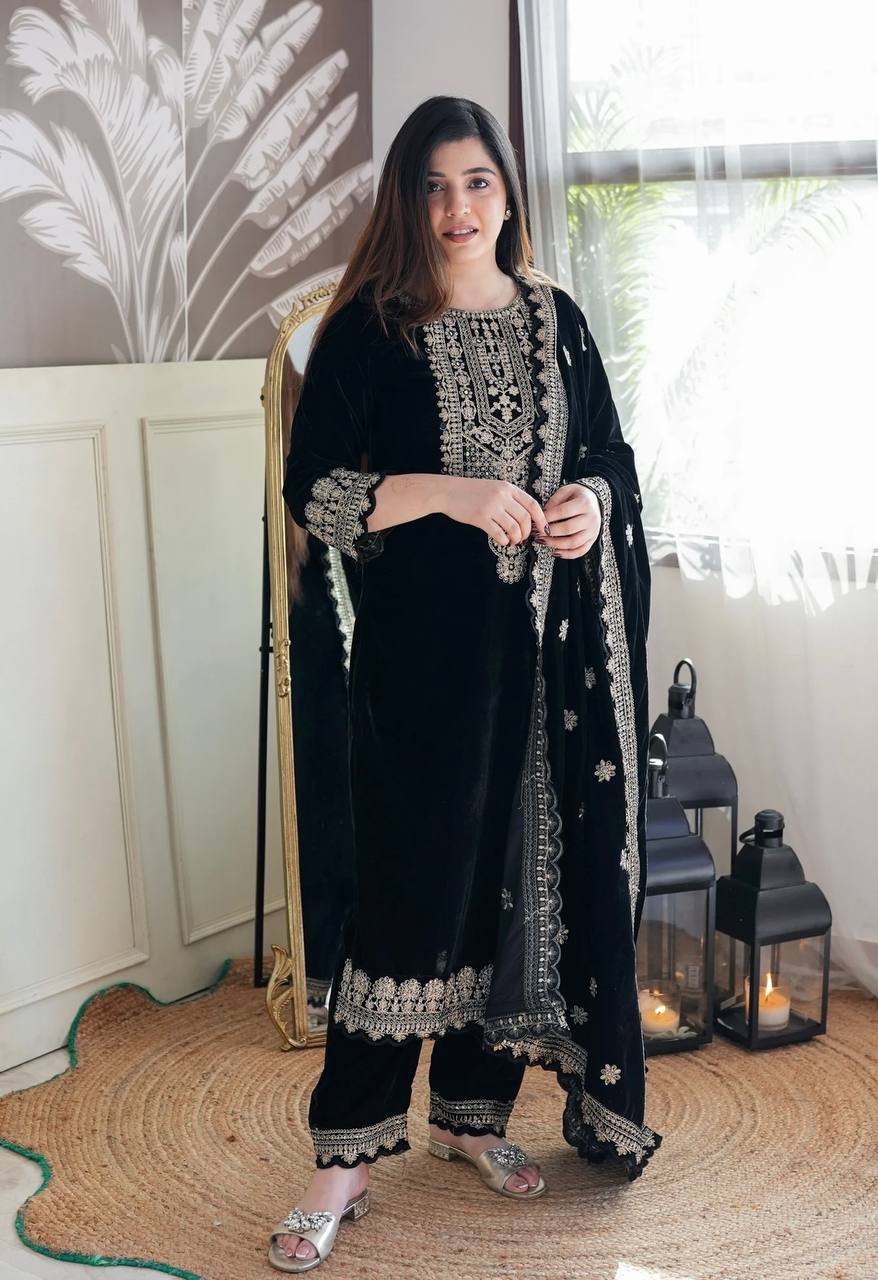 Majestic Black Embroidered Velvet Suit