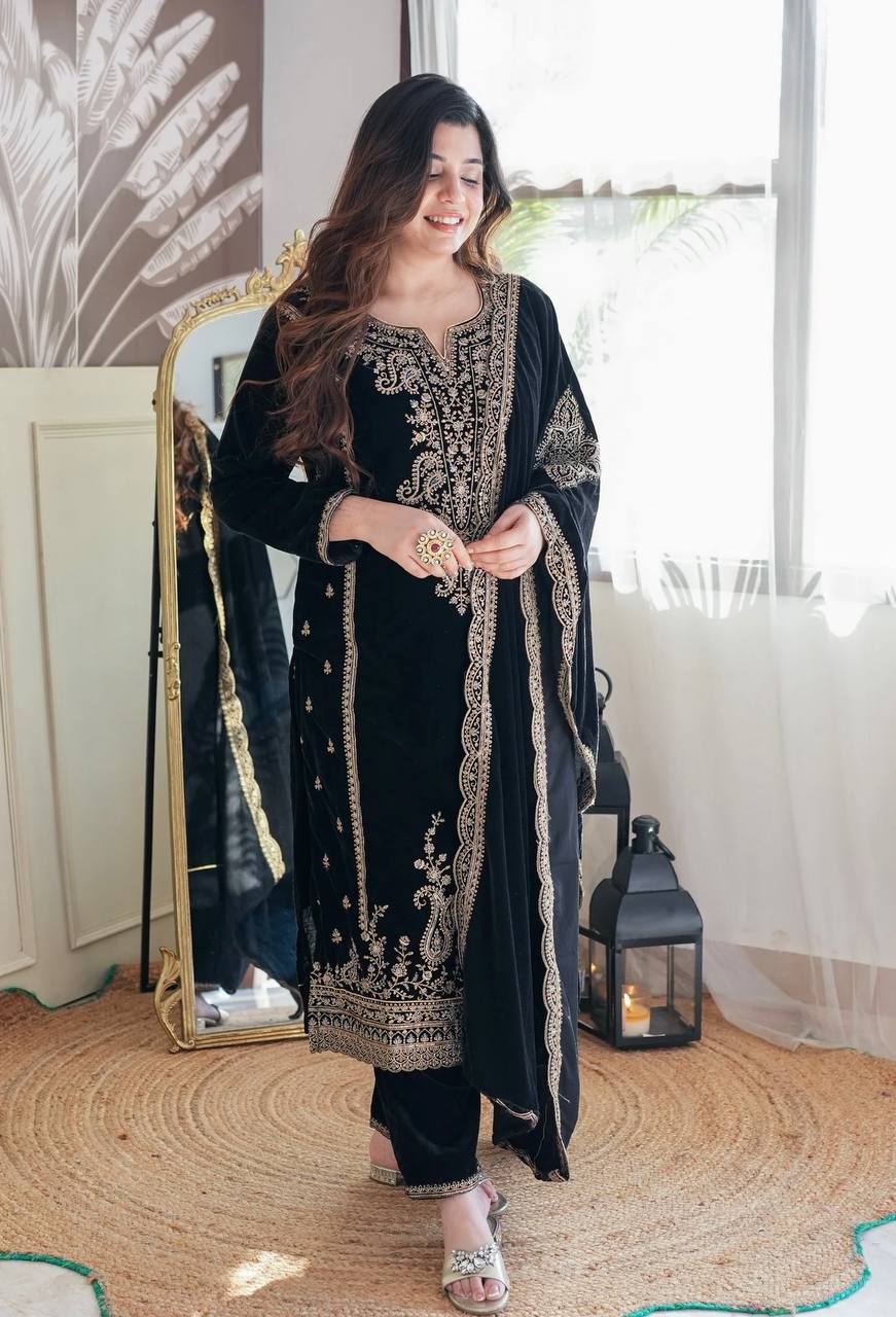 Graceful Embroidery Work With Soft Velvet Suit