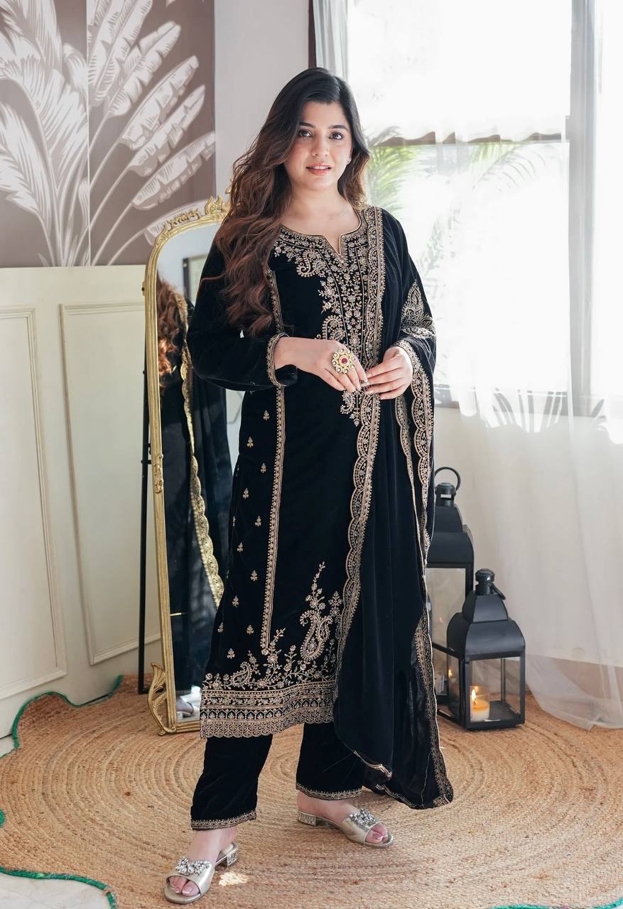 Graceful Embroidery Work With Soft Velvet Suit