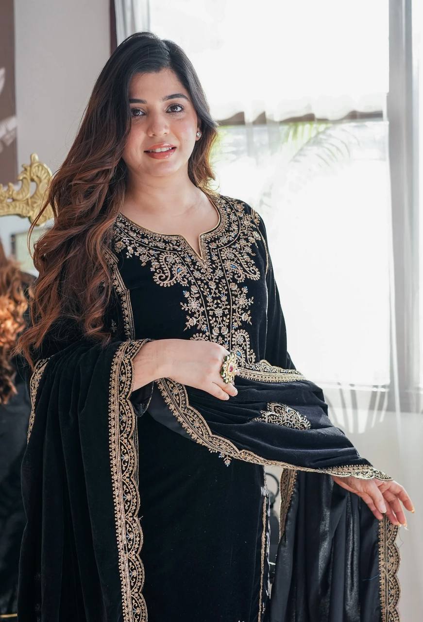 Graceful Embroidery Work With Soft Velvet Suit