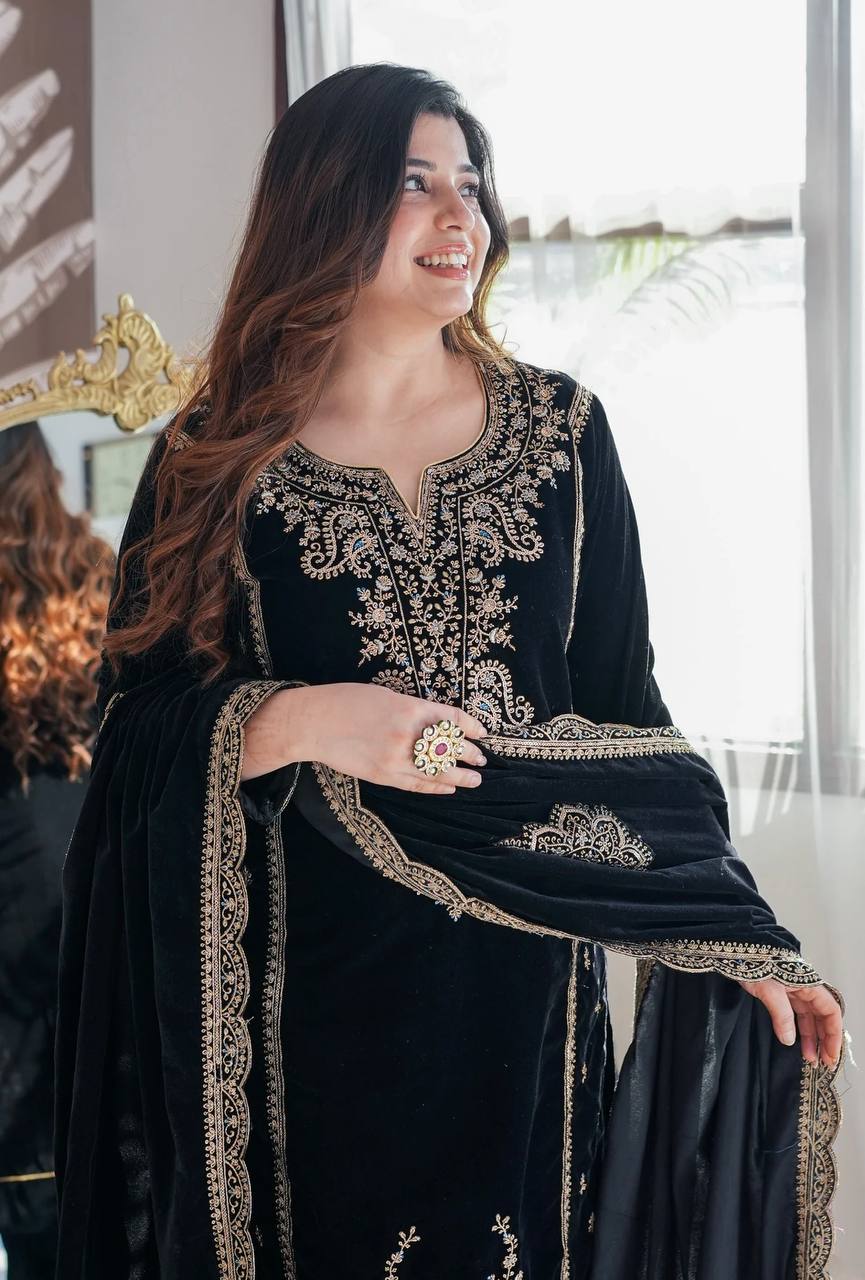 Graceful Embroidery Work With Soft Velvet Suit