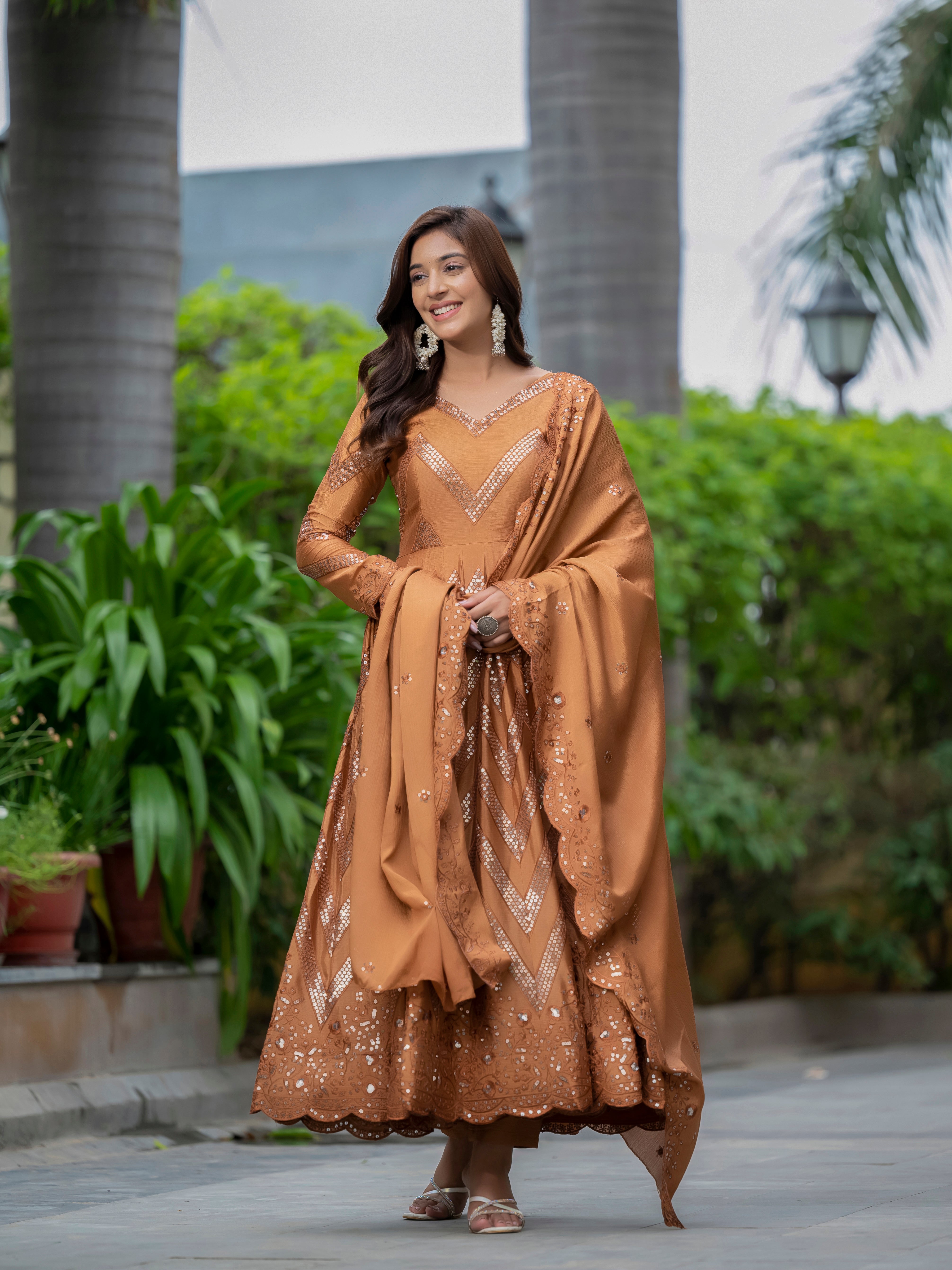 Brown Color heavy embroidered  sequins work Anarkali set