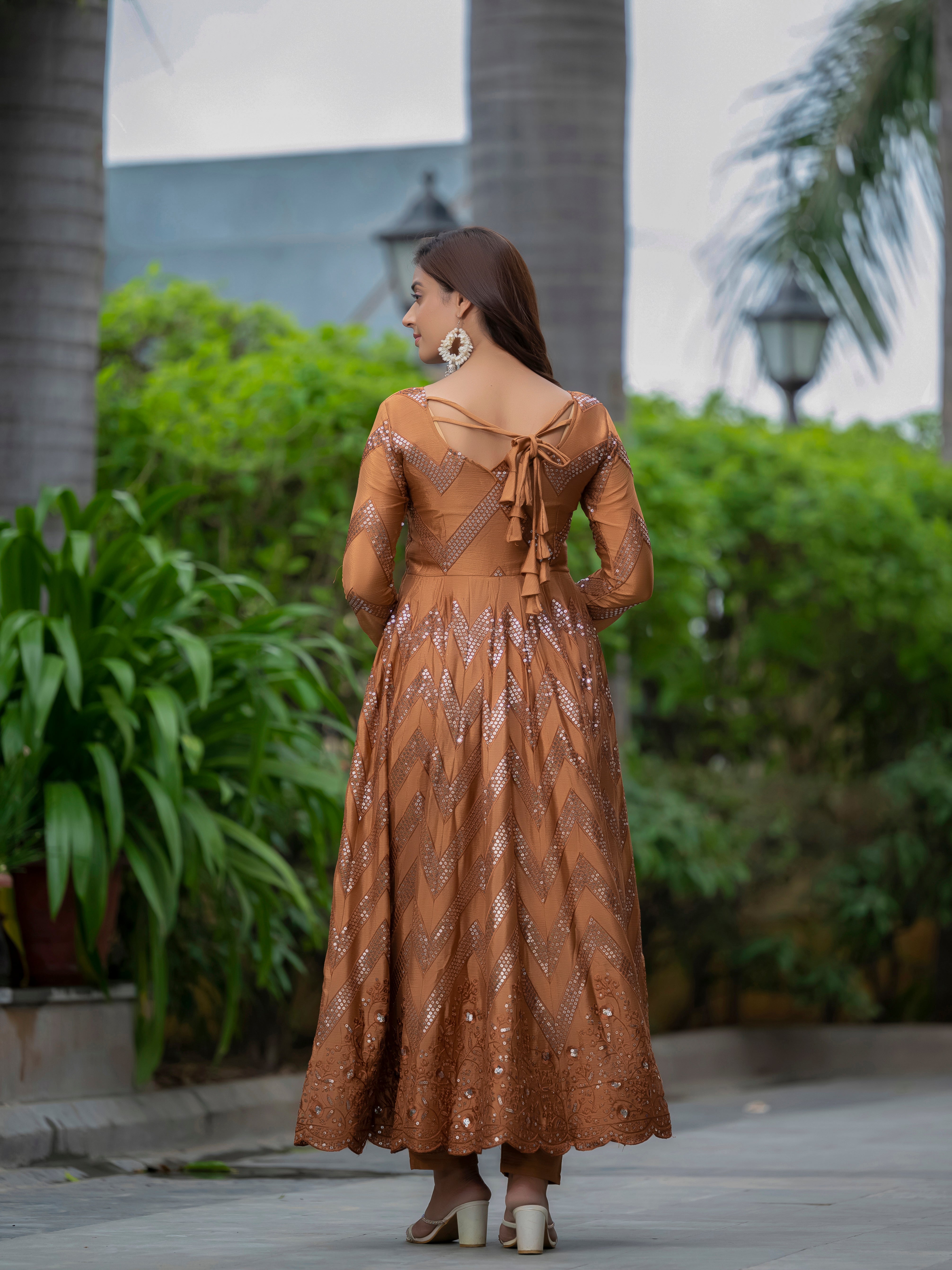 Brown Color heavy embroidered  sequins work Anarkali set