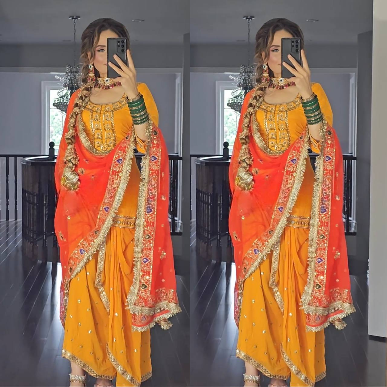 Yellow & Orange  Elegance: Embroidered Dhoti Skirt Suit for Festive Glam