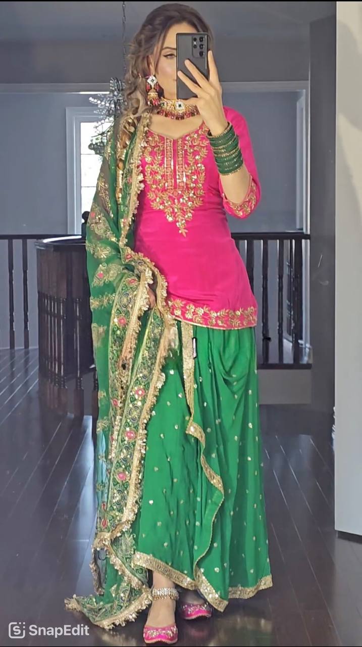 Pink & Green Beauty: Exquisite Dhoti Skirt with Intricate Detailing