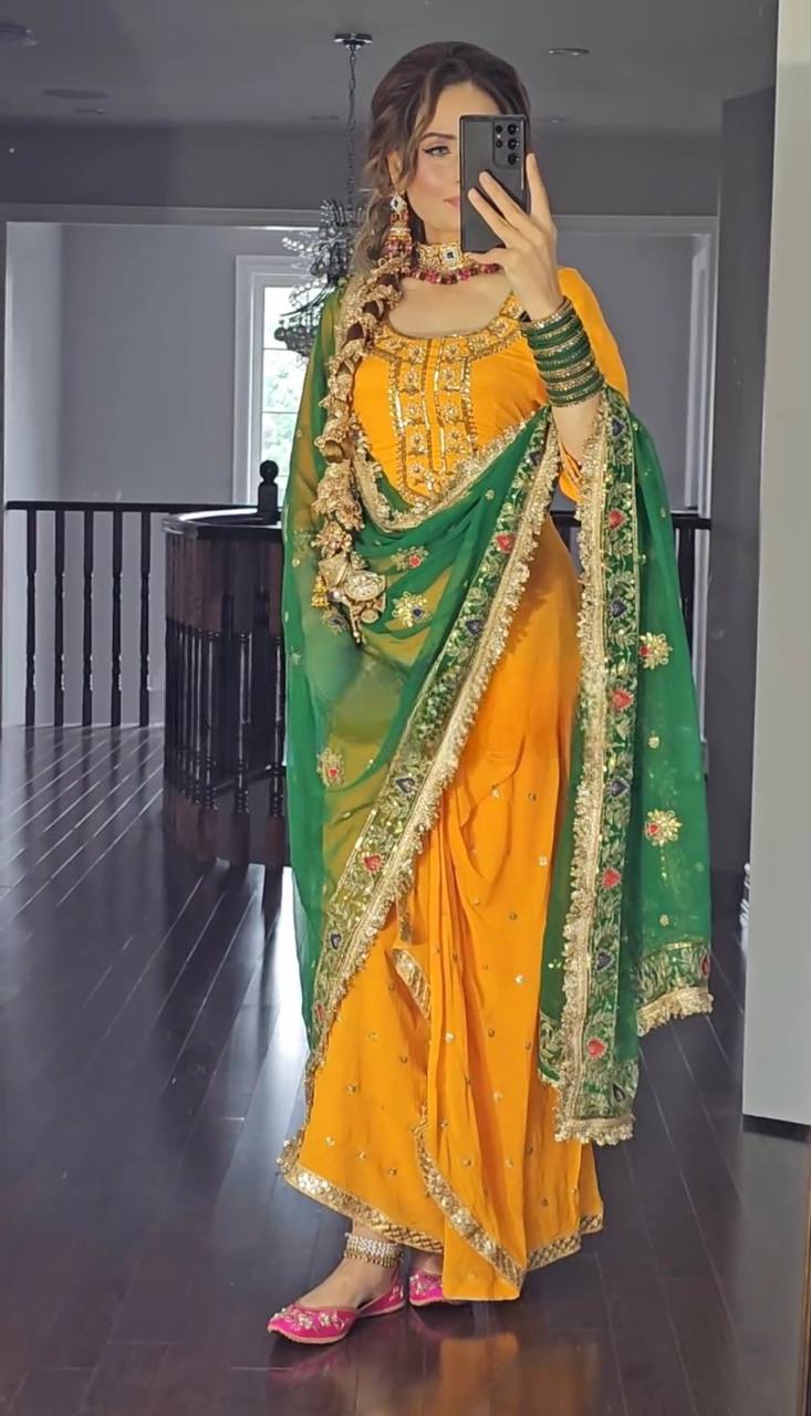 The Regal Dhoti Skirt Ensemble in Yellow & Green and Water Gold