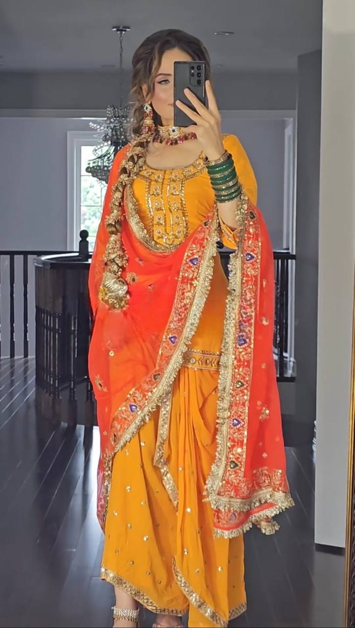 Yellow & Orange  Elegance: Embroidered Dhoti Skirt Suit for Festive Glam