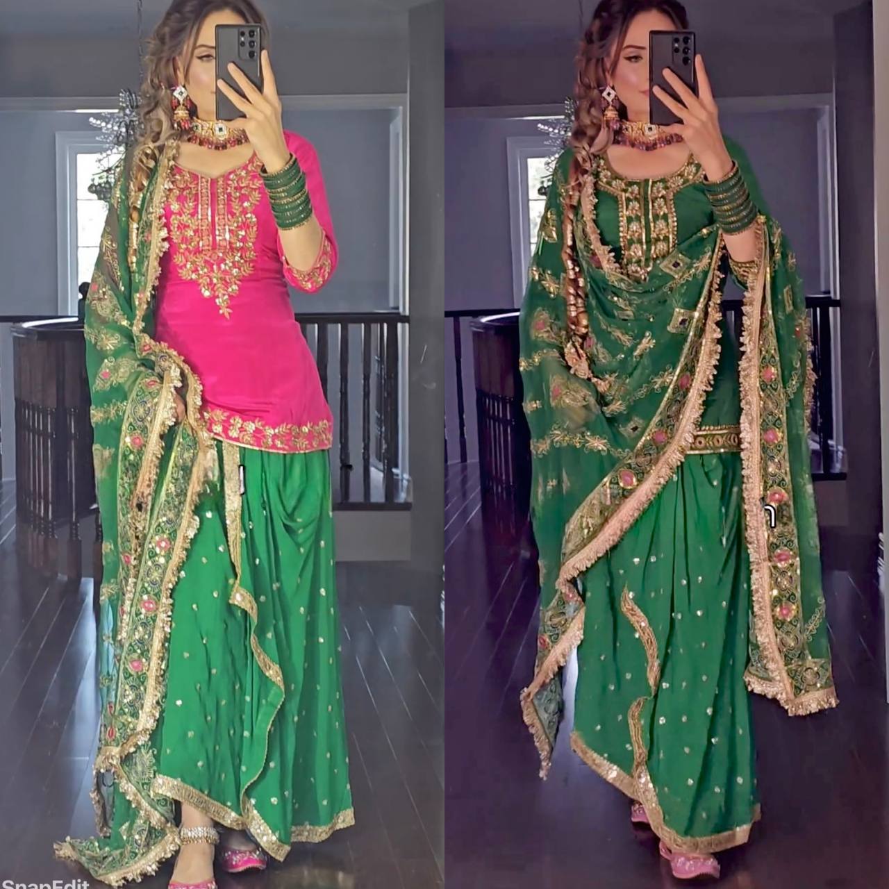 Pink & Green Beauty: Exquisite Dhoti Skirt with Intricate Detailing