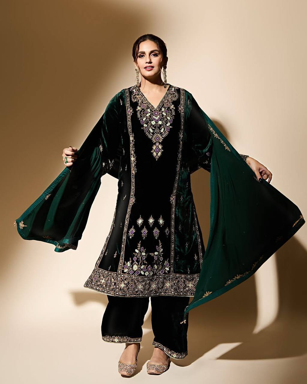 Green Coloured Embroidered Attractive Party Wear Velvet Silk fabric Kurti pair has a Regular-fit to custome