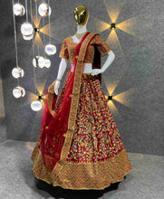 Load image into Gallery viewer, Elegant Maroon Colour Embroidered Attractive Malay Satin Silk Dulhan Lehenga Choli  87
