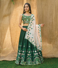Load image into Gallery viewer, Beautiful Green Colour Embroidered Attractive Malay Satin Silk Dulhan Lehenga Choli 107
