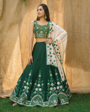 Load image into Gallery viewer, Beautiful Green Colour Embroidered Attractive Malay Satin Silk Dulhan Lehenga Choli 107
